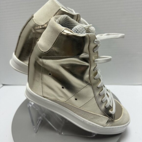 Cynthia Richard Fearless Gold Metallic Wedge Sneakers 39 /8 Leather Unisex Y2K - Picture 5 of 10
